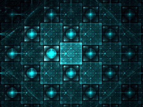 Abstract computer-generated image turquoise background with grid, squares and circles