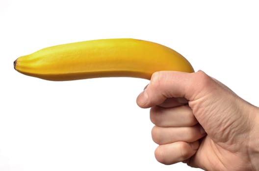 Eat fresh fruits concept, hand with a fresh banana on white