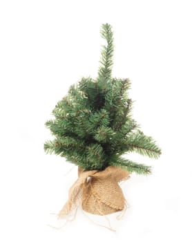Plastic Christmas tree in a canvas bag on a white background