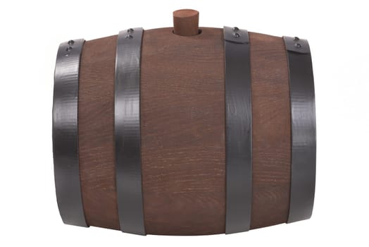 old dark brown wooden barrel with iron rings insulated on white