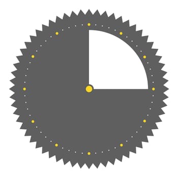 Isolated round grey button with spikes shows clock with 15 seconds 15 minutes or 3 hours
