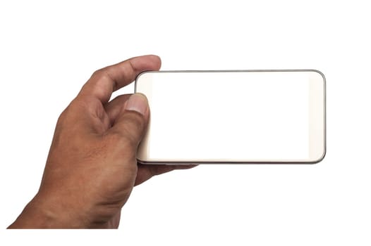 Smart phone white screen in hand isolated on white background, Clipping path