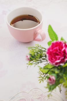 Emotion of relax, Hot tea with flower on white table