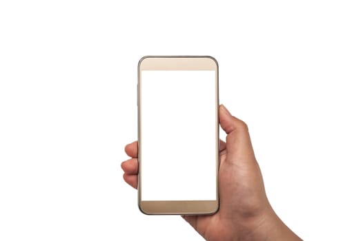 Hand with smartphone white screen isolated on white background, Clipping path