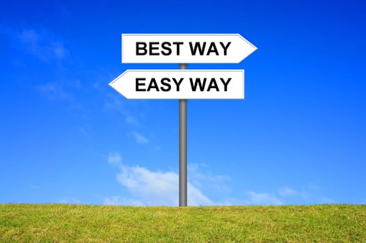Signpost on a meadow in front of blue sky shows easy way or best way