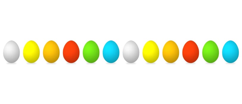 12 colorful insulated Easter eggs in white yellow orange red green and blue as background for Easter