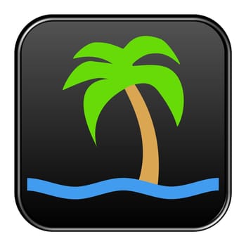 Black insulated button shows palm tree with water