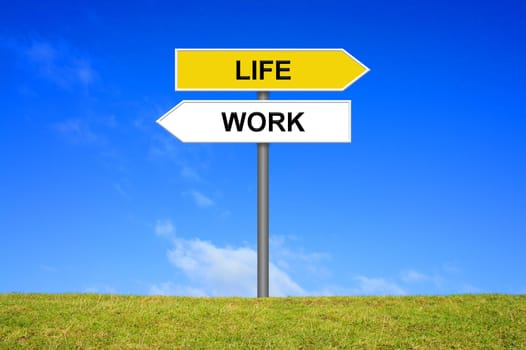 Signpost on a meadow in front of blue sky shows life or work