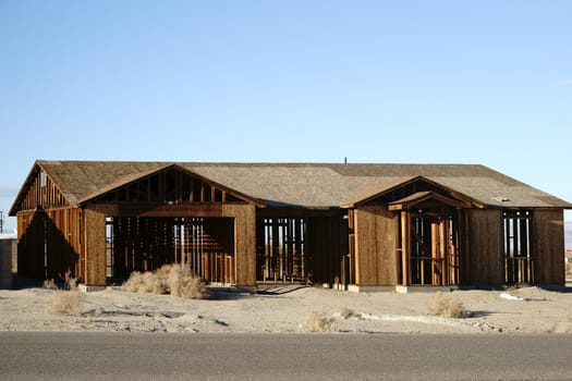 The scaffolding of a demolished and abandoned house in the ghost town of Salton City.