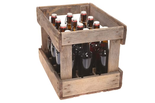 Old Beer Box with Beer Bottles Insulated On White