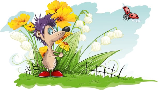 Vector card with flowers and little mouse