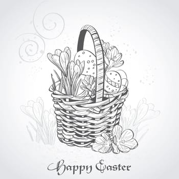 Easter card with a basket and flowers. Vintage background