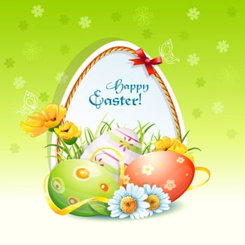 Happy Easter card with flowers and easter eggs.