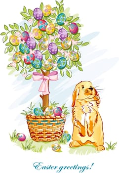 Festive postcard with Easter eggs, baskets and bunnies.
