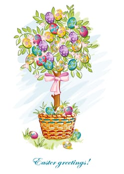 Festive postcard with Easter eggs and baskets.