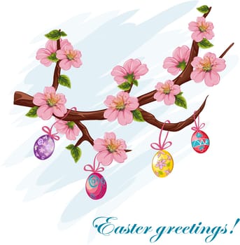 Happy Easter card with cherry blossoms and Easter eggs.