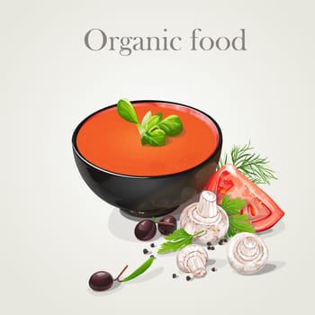 Tomato soup with fresh vegetables. Organic food.