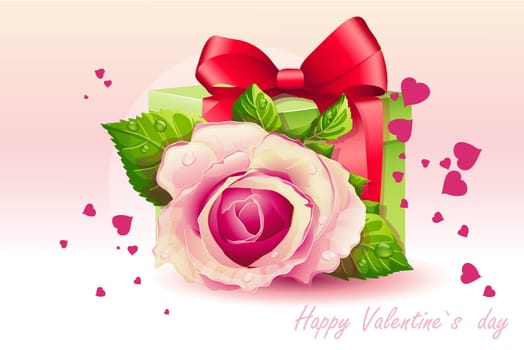 Card for Valentine&#39 s Day pink rose with green box.