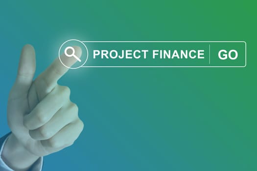 business hand clicking project finance button on search toolbar with gradient background