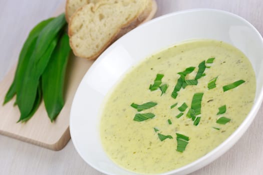 bear garlic soup on white teller