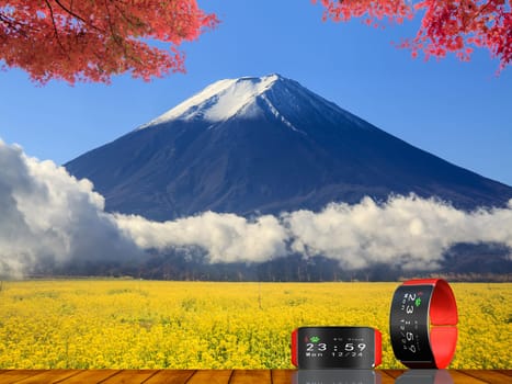 The image of beautiful fuji mountain japan with nice watch