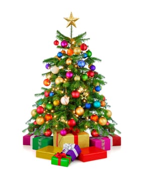 Studio shot of colorfully decorated Christmas tree with gifts on white