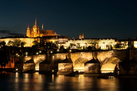 St. Vitus Cathedral and Charles bridge at night, Prague, Czech Republic.