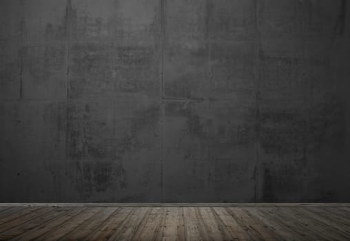 Empty dark room with wooden floor and stone wall