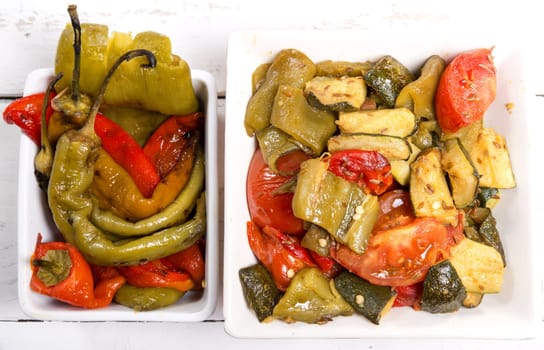 marinated peppers in a small colorful bowl