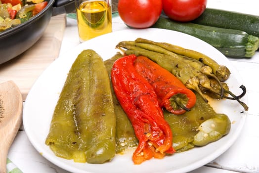marinated peppers in a small colorful bowl