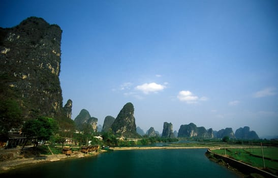 the landscape at the Li River near Yangshou near the city of Guilin in the Province of Guangxi in china in east asia.