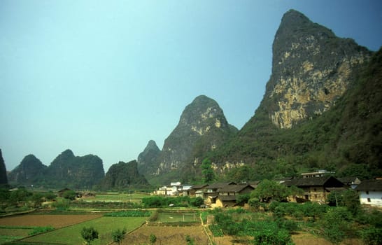 the landscape at the Li River near Yangshou near the city of Guilin in the Province of Guangxi in china in east asia.