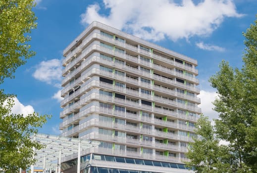 facade of a modern apartment building in Almere, netherlands. It is the youngest and fastest growing city in the country, founded around 1975.