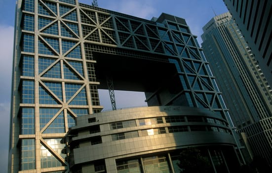 the stock market in the skyline of Pudong in the City of Shanghai in china in east asia.