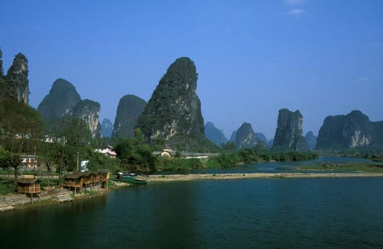 the landscape at the Li River near Yangshou near the city of Guilin in the Province of Guangxi in china in east asia.