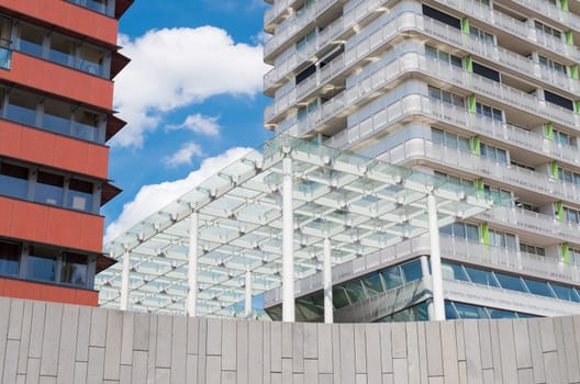 modern wind canopy in almere, netherlands. Its purpose is to protect the shopping people against the cold winds from the lake