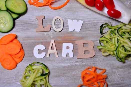 Low Carb Vegetable Letters Text Wooden Background