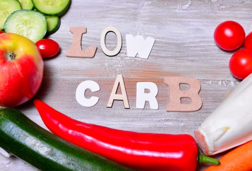 Low Carb Vegetable Letters Text Wooden Background