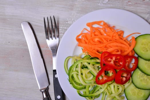 Vegetable pagetti Zuccini Lowcarb on a plate