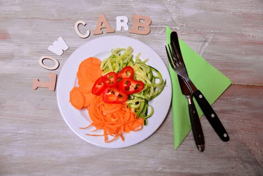 Low Carb Vegetable Letters Text Wooden Background