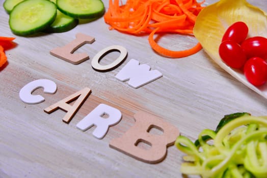 Low Carb Vegetable Letters Text Wooden Background