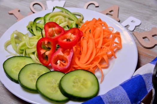 Low Carb Vegetable Letters Text Wooden Background