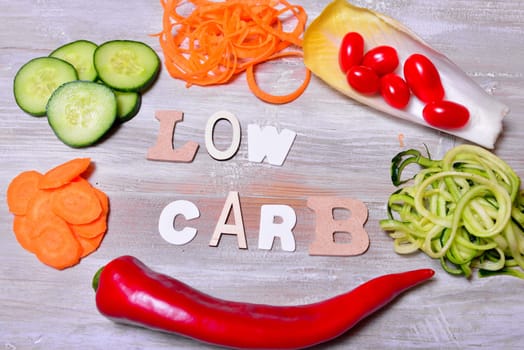 Low Carb Vegetable Letters Text Wooden Background