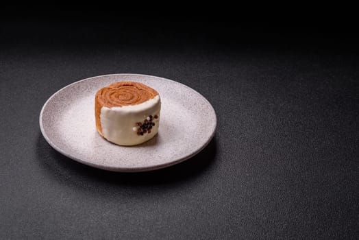 Round sweet New York roll croissant with pistachio cream filling on a dark concrete background