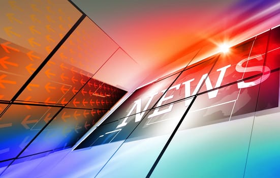 Graphical digital news background with arrows and news text.