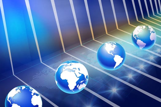 Multiple eath globe on a modern digital floor with reflections and light flares in 3d scene.