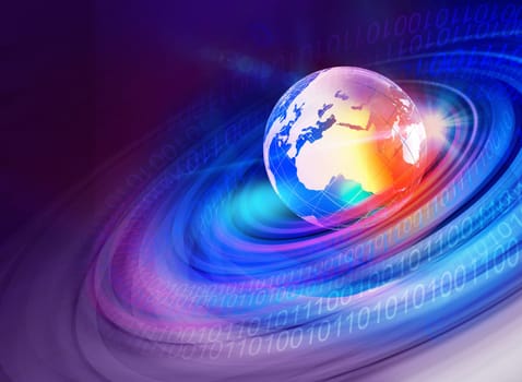 Graphical digtial world background with earth globe and digital numbers.