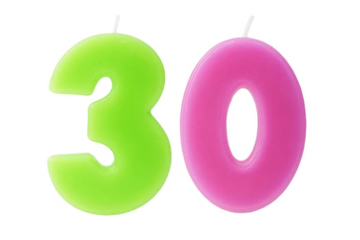 Colorful birthday candles in the form of the number 30 on white background