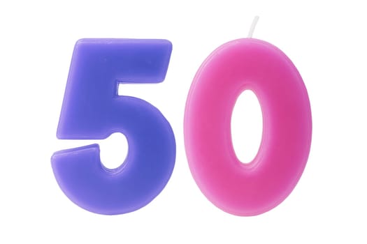 Colorful birthday candles in the form of the number 50 on white background