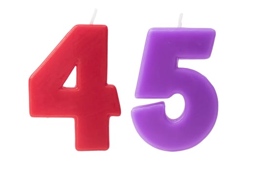 Colorful birthday candles in the form of the number 45 on white background